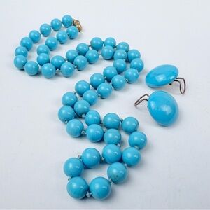 Vintage Louis Rousselet Blue Glass Bead Necklace & Cabochon Earrings Parure
